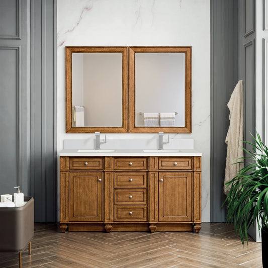 Bristol 60" Double Vanity, Saddle Brown w/ Single Hole 3 CM White Zeus Silestone Top & Backsplash, view 2