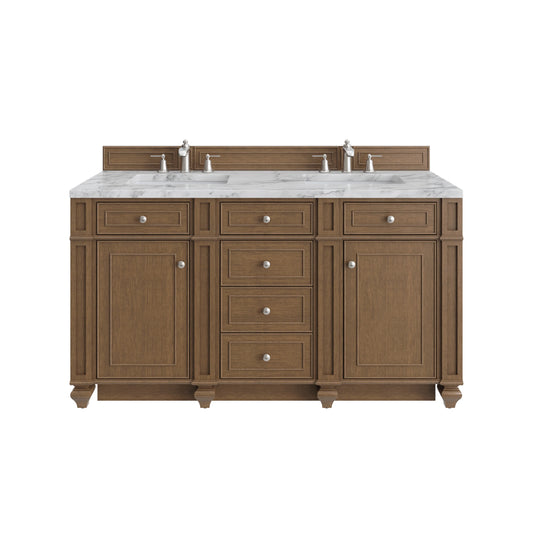 Bristol 60" Double Vanity, Saddle Brown w/ 3 CM Carrara Marble Top
