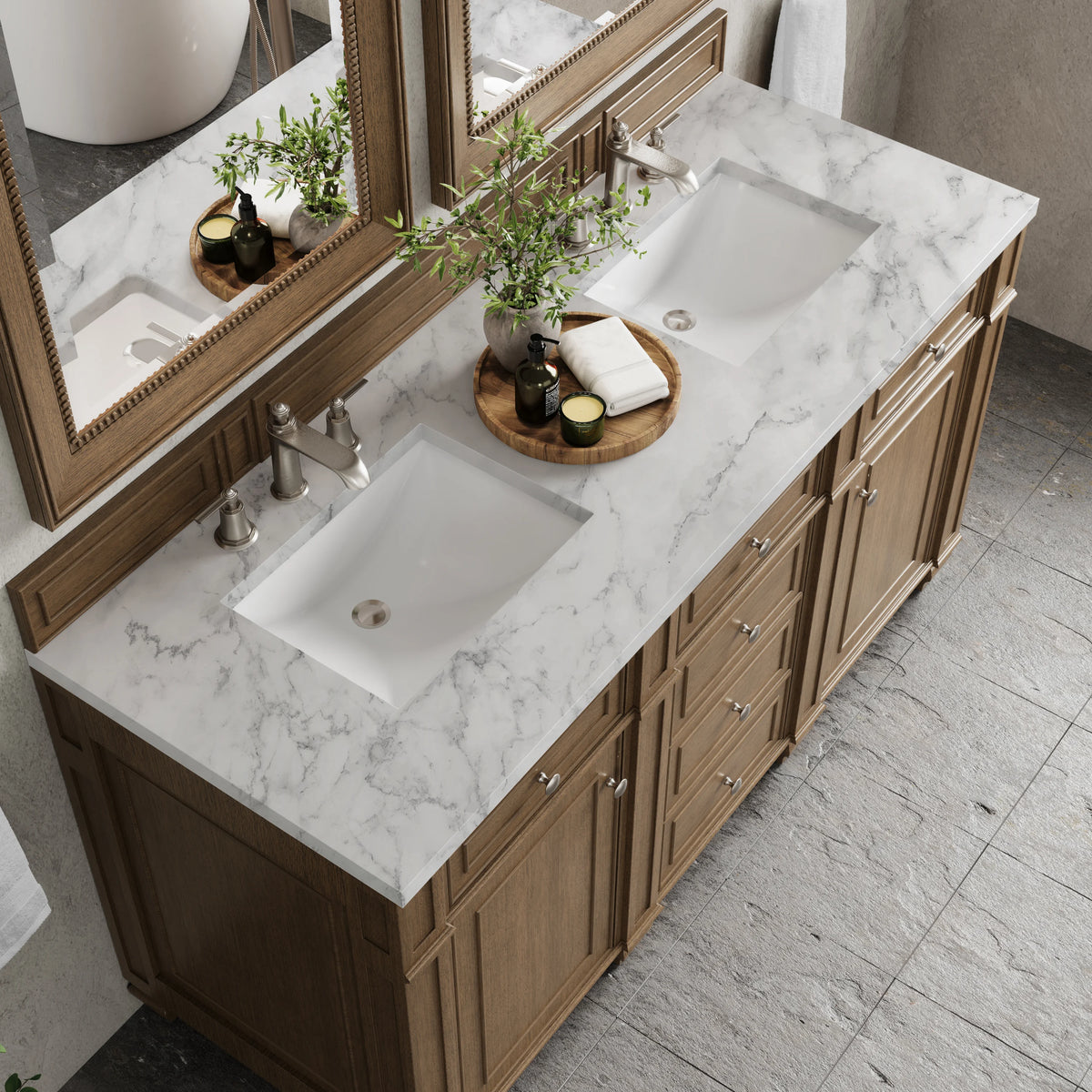 Bristol 60" Double Vanity, Saddle Brown w/ 3 CM Carrara Marble Top, view 5