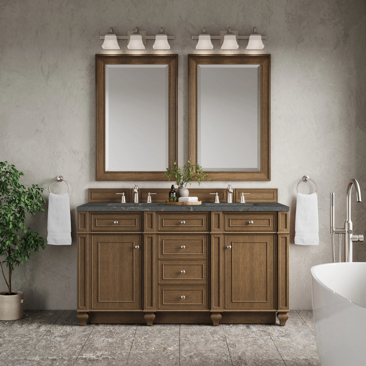 Bristol 60" Double Vanity, Saddle Brown w/ 3 CM Parisien Bleu Silestone Top, view 2