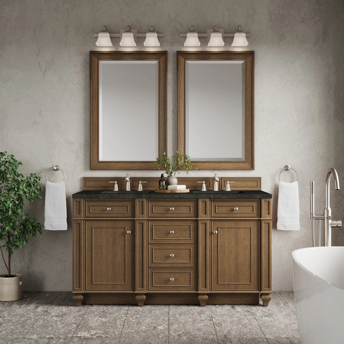 Bristol 60" Double Vanity, Saddle Brown, w/ 3 CM Phantome Eclos Top, view 2