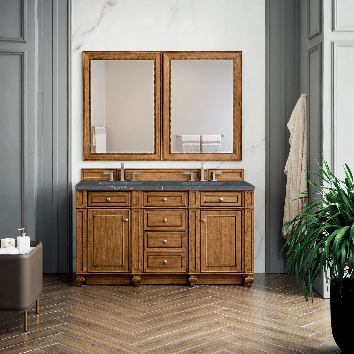 Bristol 60" Double Vanity, Saddle Brown w/ 3 CM Parisien Bleu Silestone Top w/FreePower Wireless Charger, view 5