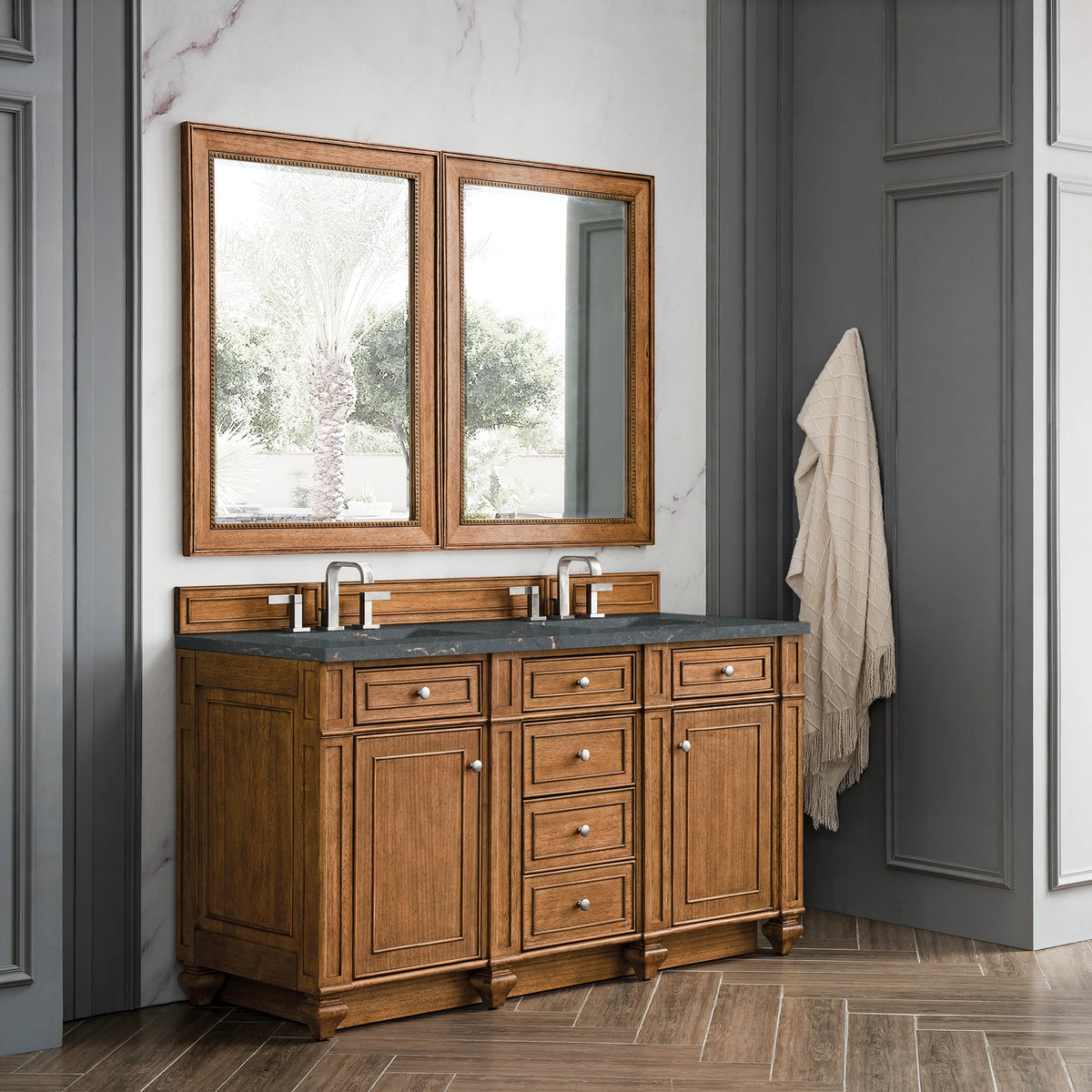 Bristol 60" Double Vanity, Saddle Brown w/ 3 CM Parisien Bleu Silestone Top w/FreePower Wireless Charger, view 6