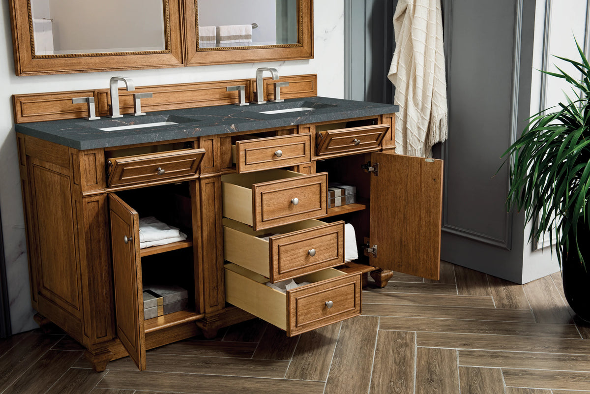 Bristol 60" Double Vanity, Saddle Brown w/ 3 CM Parisien Bleu Silestone Top w/FreePower Wireless Charger, view 7