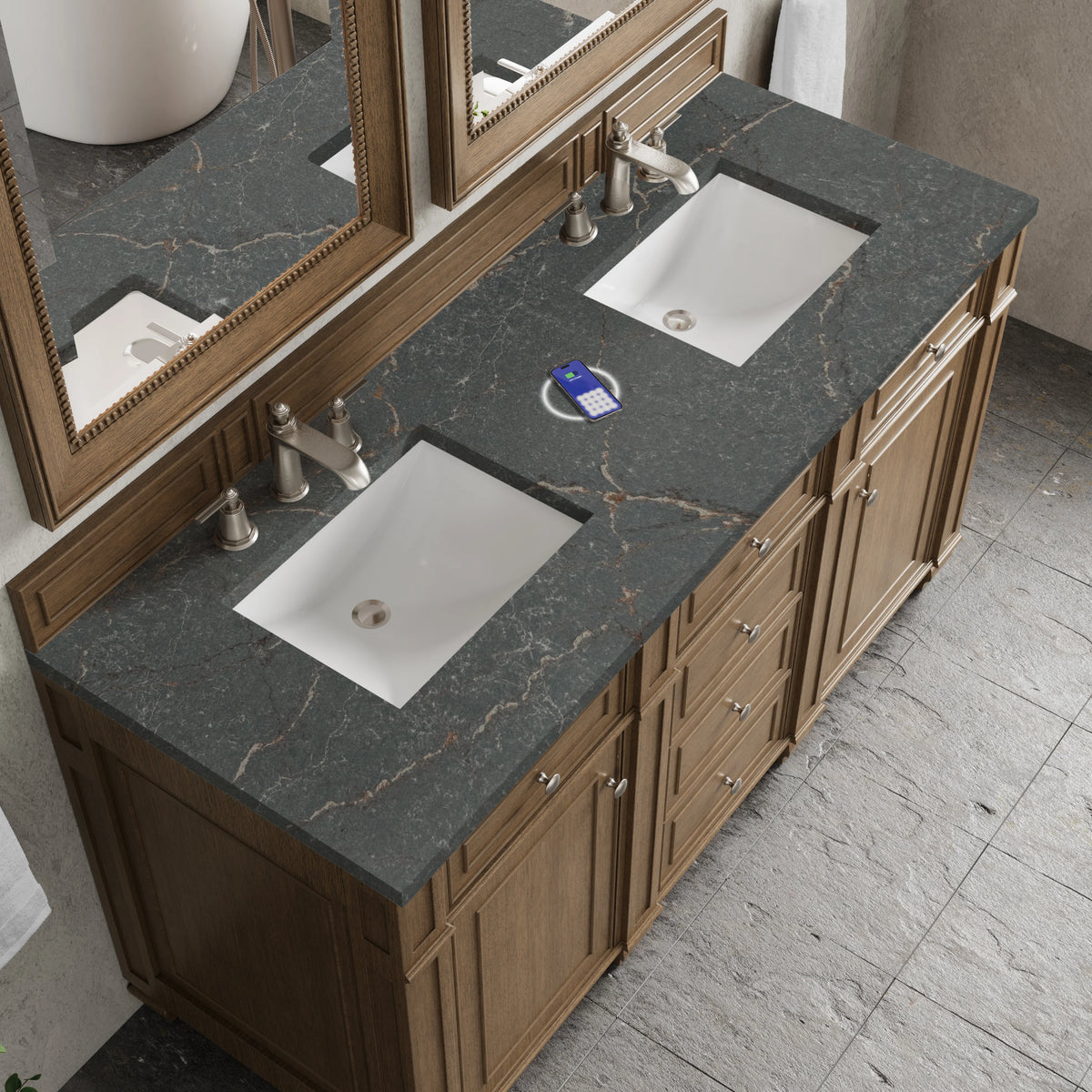 Bristol 60" Double Vanity, Saddle Brown w/ 3 CM Parisien Bleu Silestone Top w/FreePower Wireless Charger, view 9