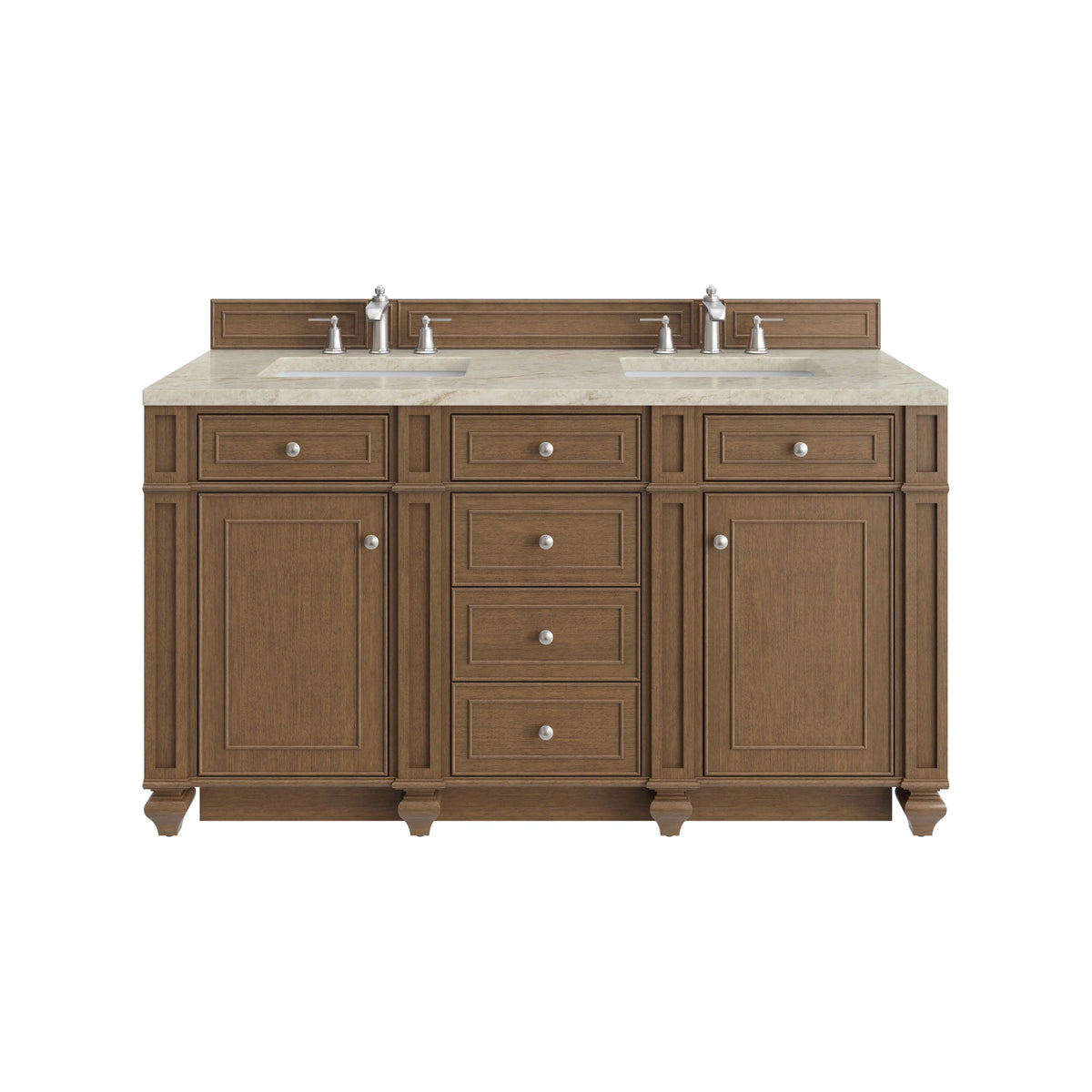 Bristol 60" Double Vanity, Saddle Brown, w/ 3 CM Tajnar Eclos Top w/FreePower Wireless Charger