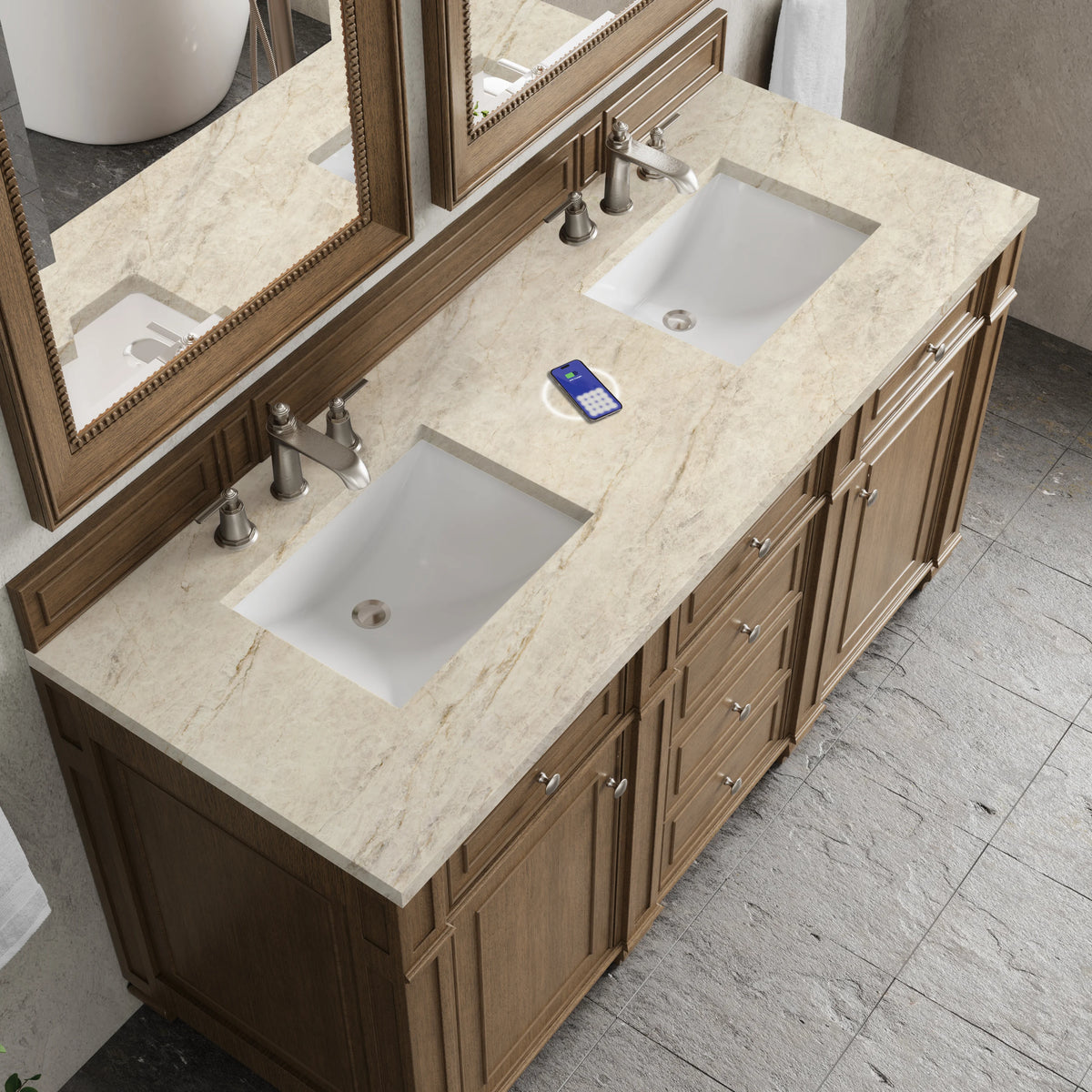 Bristol 60" Double Vanity, Saddle Brown, w/ 3 CM Tajnar Eclos Top w/FreePower Wireless Charger, view 8