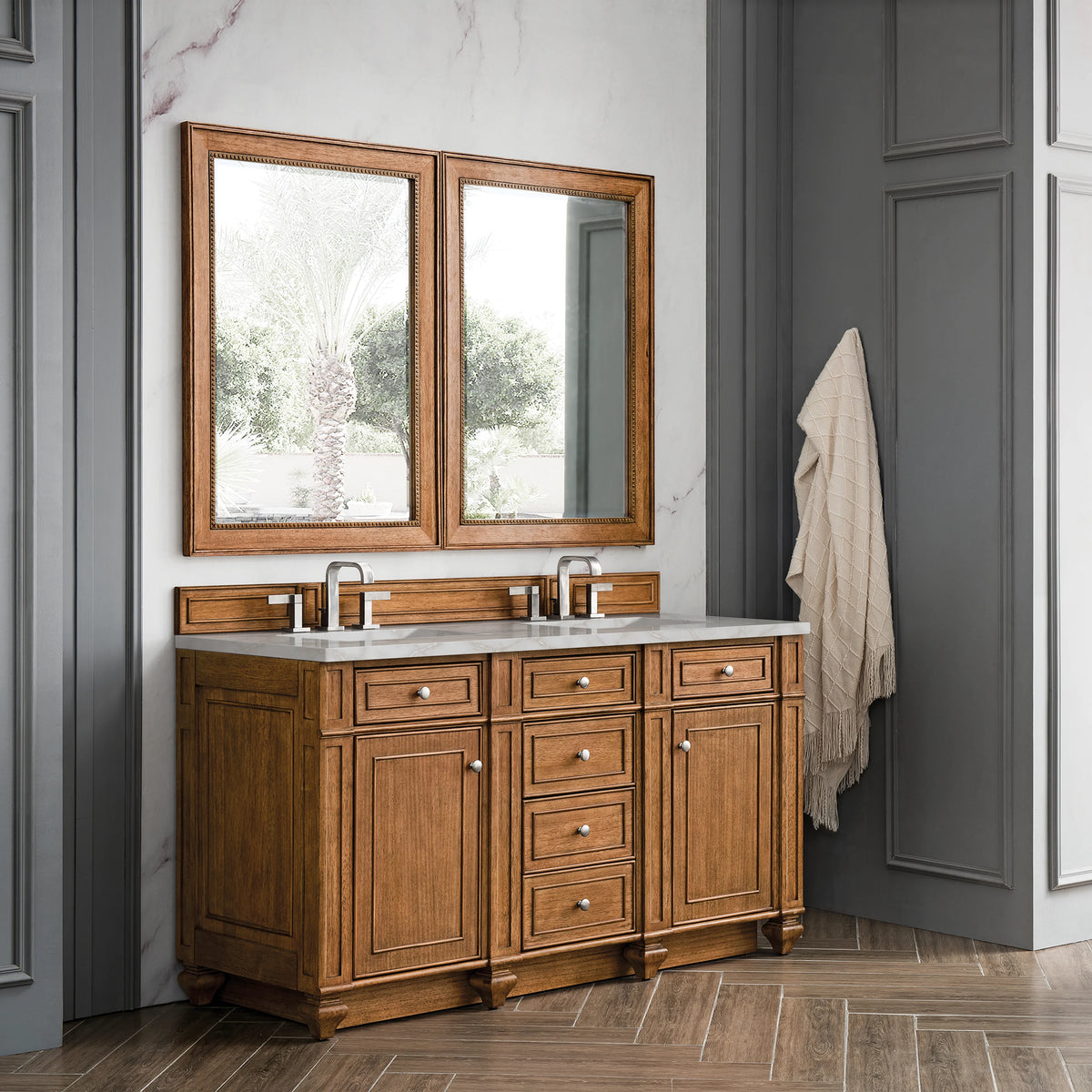 Bristol 60" Double Vanity, Saddle Brown w/ 3 CM Victorian Silver Silestone Top w/FreePower Wireless Charger, view 6