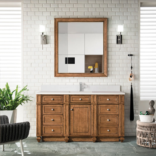 Bristol 60" Single Vanity, Saddle Brown w/ Single Hole 3 CM White Zeus Silestone Top & Backsplash, view 2