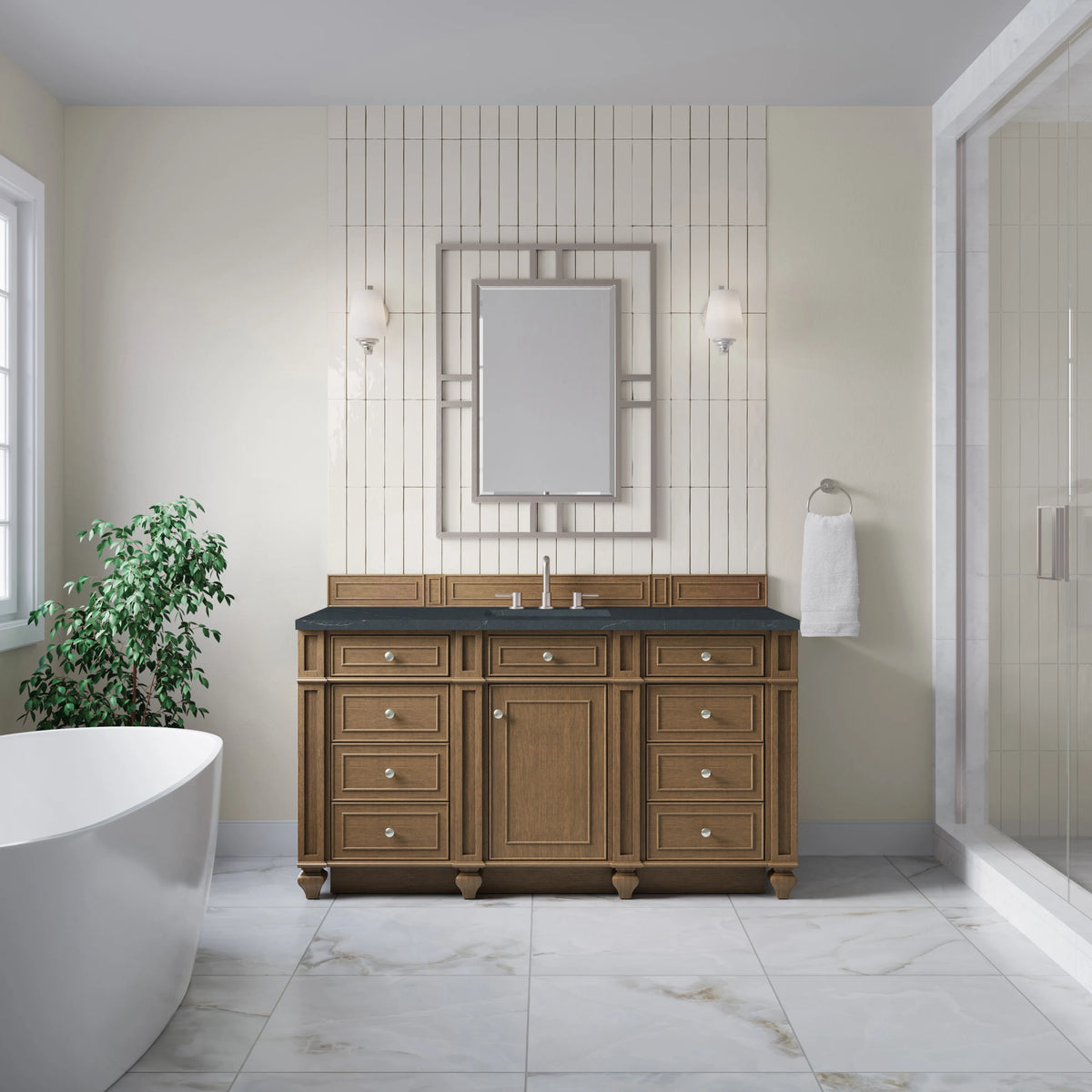 Bristol 60" Single Vanity, Saddle Brown w/ 3 CM Charcoal Soapstone Silestone Top, view 2