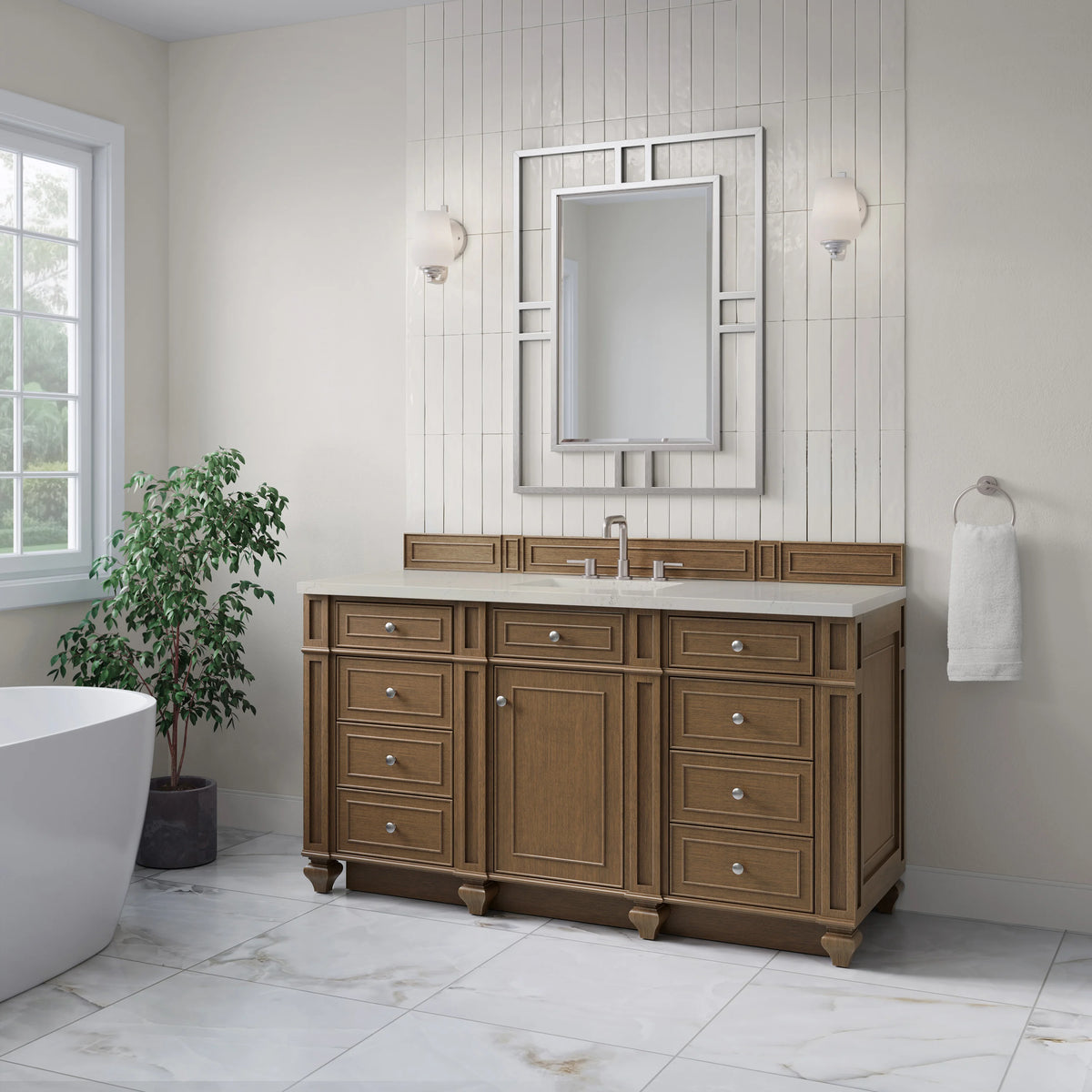 Bristol 60" Single Vanity, Saddle Brown, w/ 3 CM Siberian Silestone Top, view 3