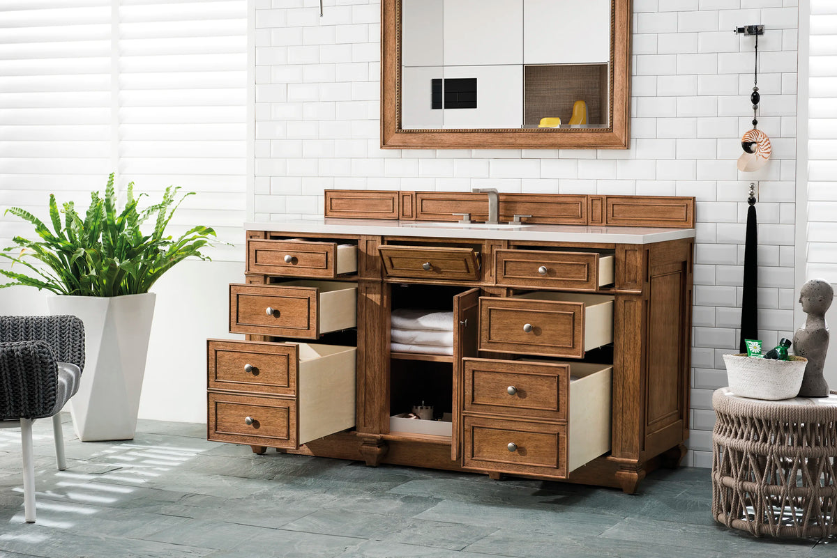 Bristol 60" Single Vanity, Saddle Brown w/ 3 CM White Zeus Silestone Top, view 4