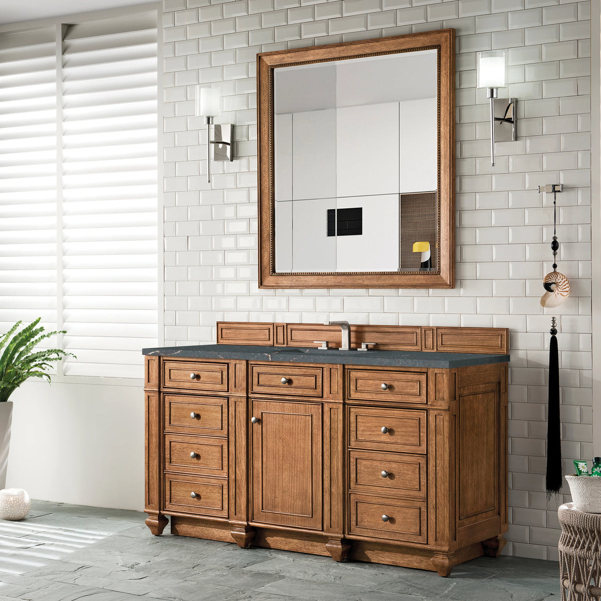 Bristol 60" Single Vanity, Saddle Brown w/ 3 CM Parisien Bleu Silestone Top w/FreePower Wireless Charger, view 6