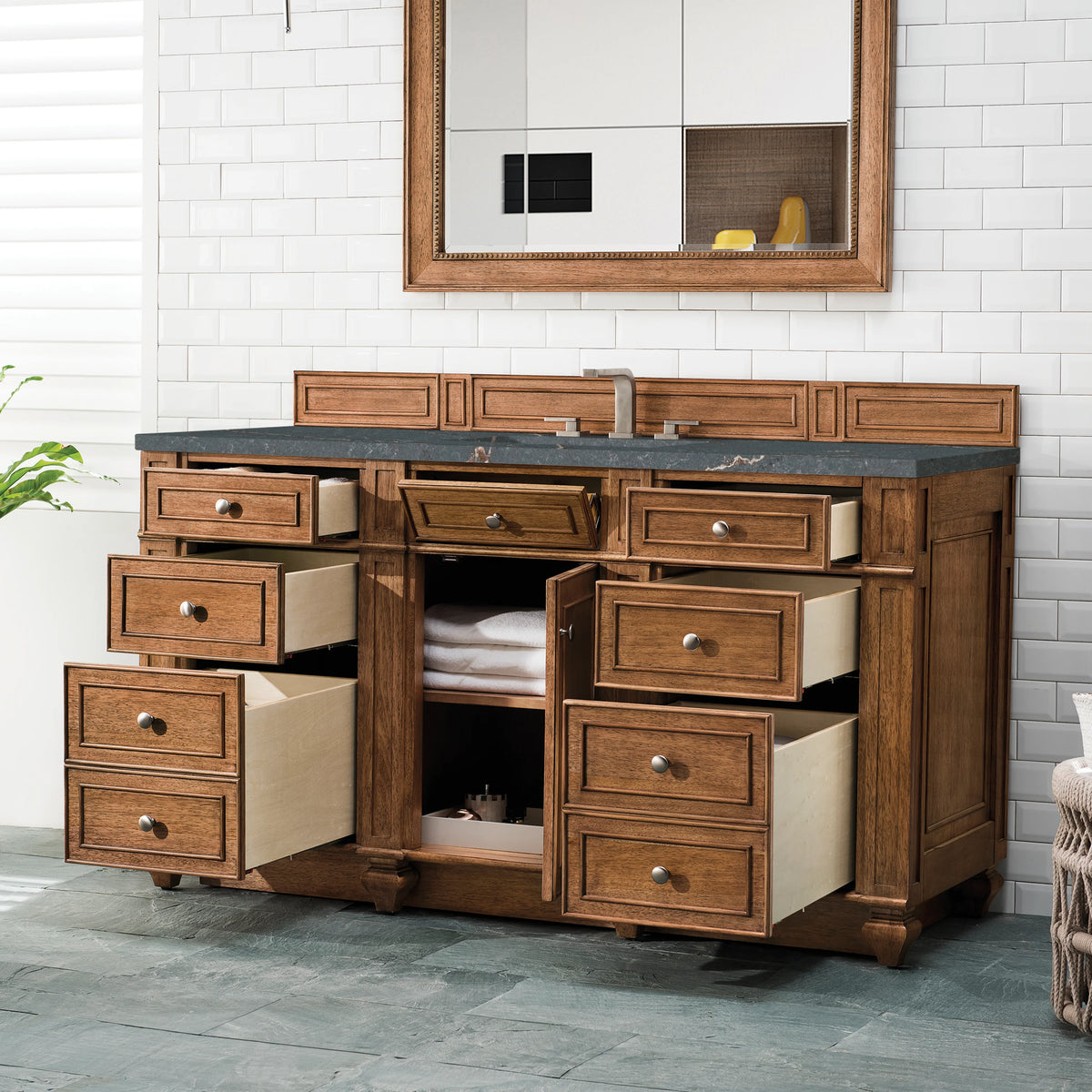 Bristol 60" Single Vanity, Saddle Brown w/ 3 CM Parisien Bleu Silestone Top w/FreePower Wireless Charger, view 7