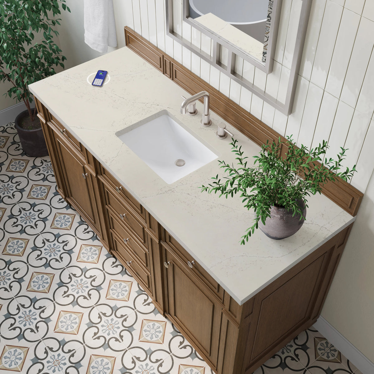 Bristol 60" Single Vanity, Saddle Brown, w/ 3 CM Siberian Silestone Top w/FreePower Wireless Charger, view 7