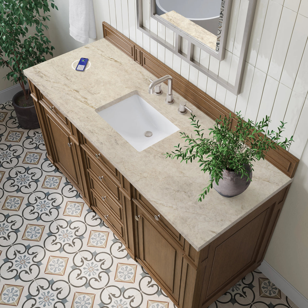 Bristol 60" Single Vanity, Saddle Brown, w/ 3 CM Tajnar Eclos Top w/FreePower Wireless Charger, view 7