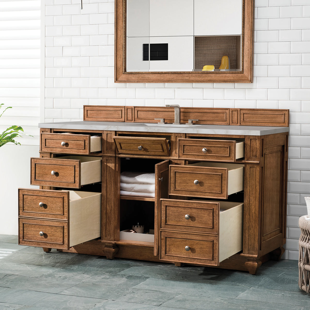 Bristol 60" Single Vanity, Saddle Brown w/ 3 CM Victorian Silver Silestone Top w/FreePower Wireless Charger, view 7