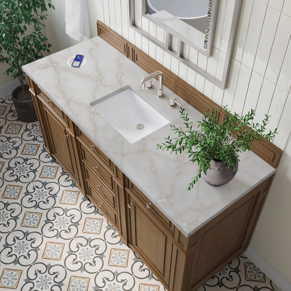 Bristol 60" Single Vanity, Saddle Brown w/ 3 CM Victorian Silver Silestone Top w/FreePower Wireless Charger, view 8