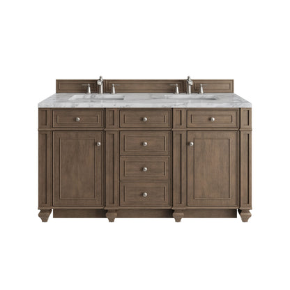 Bristol 60" Double Vanity, Whitewashed Walnut w/ 3 CM Carrara Marble Top