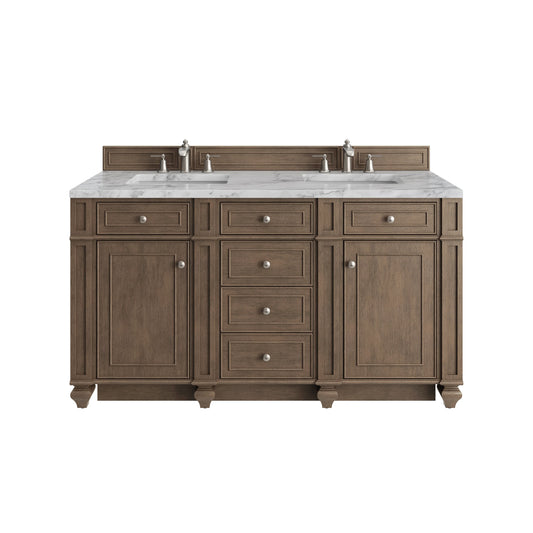 Bristol 60" Double Vanity, Whitewashed Walnut w/ 3 CM Carrara Marble Top