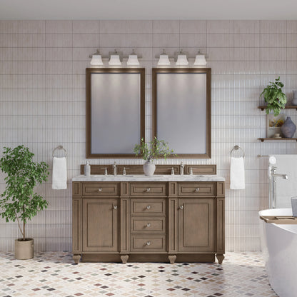 Bristol 60" Double Vanity, Whitewashed Walnut w/ 3 CM Carrara Marble Top, view 2