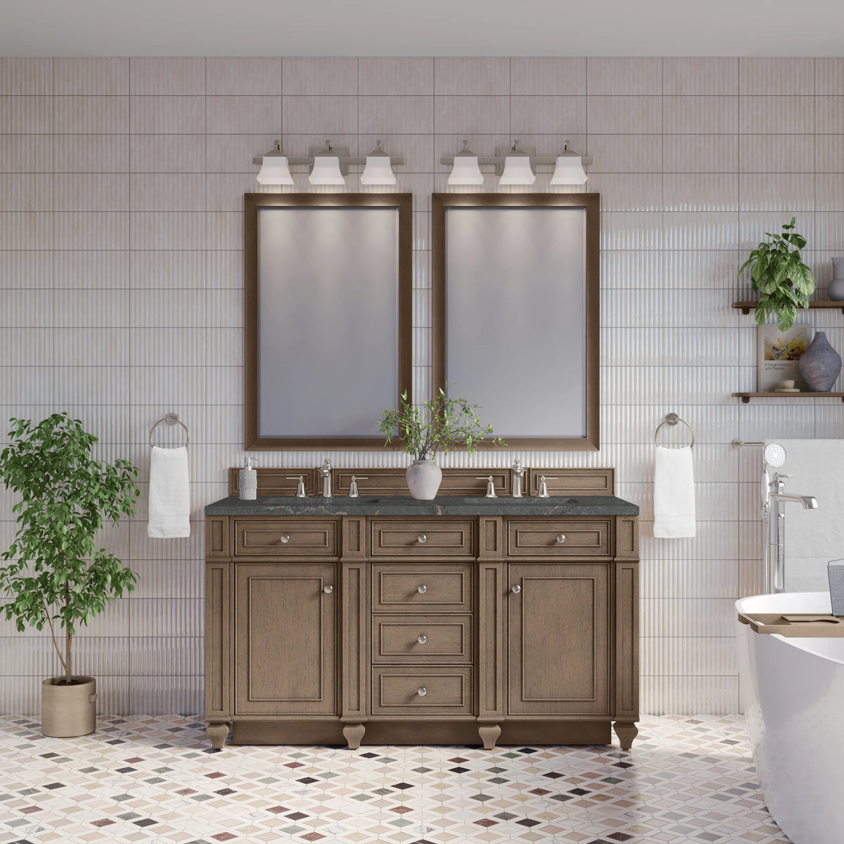 Bristol 60" Double Vanity, Whitewashed Walnut w/ 3 CM Parisien Bleu Silestone Top, view 2