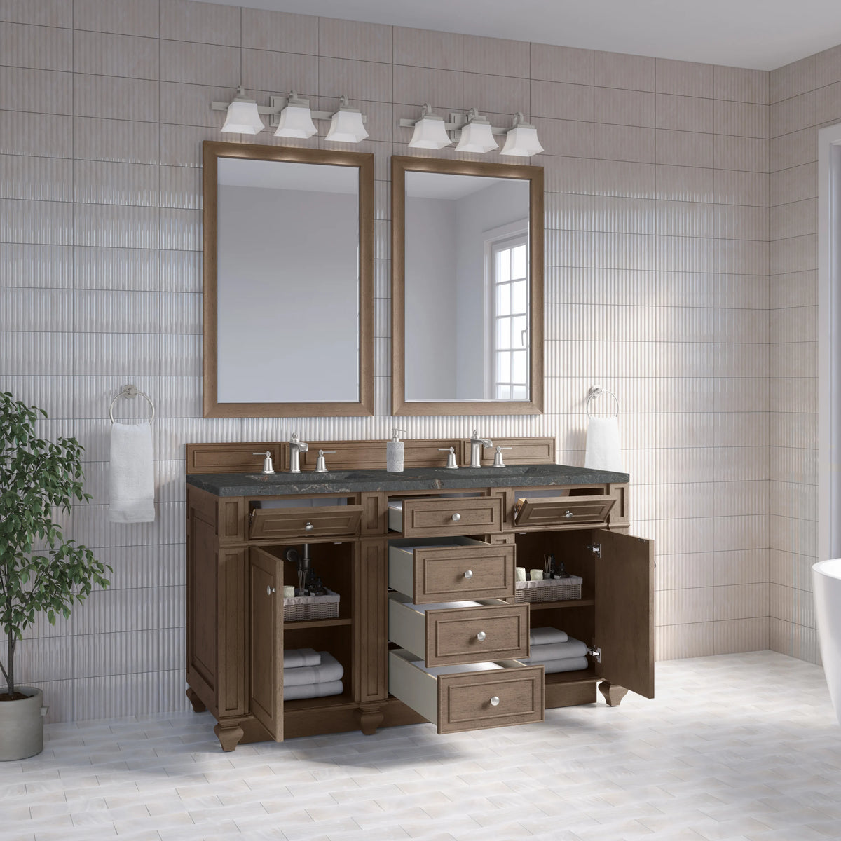 Bristol 60" Double Vanity, Whitewashed Walnut w/ 3 CM Parisien Bleu Silestone Top, view 4
