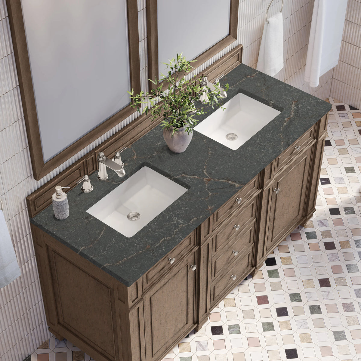 Bristol 60" Double Vanity, Whitewashed Walnut w/ 3 CM Parisien Bleu Silestone Top, view 6