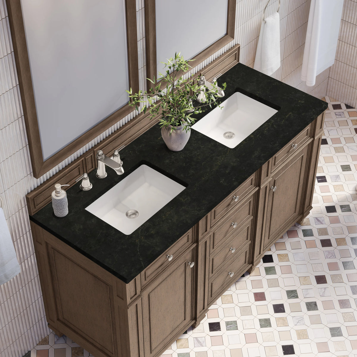 Bristol 60" Double Vanity, Whitewashed Walnut, w/ 3 CM Phantome Eclos Top, view 6