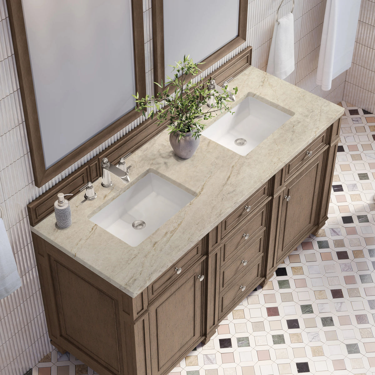 Bristol 60" Double Vanity, Whitewashed Walnut, w/ 3 CM Tajnar Eclos Top, view 6
