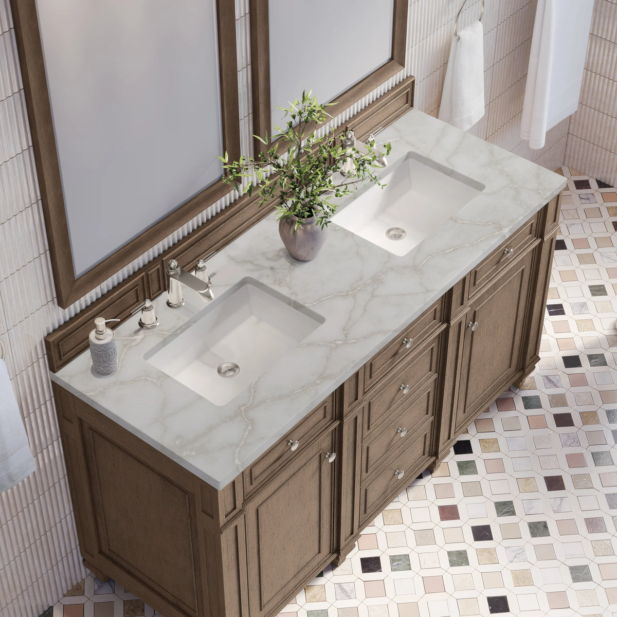 Bristol 60" Double Vanity, Whitewashed Walnut w/ 3 CM Victorian Silver Silestone Top, view 5