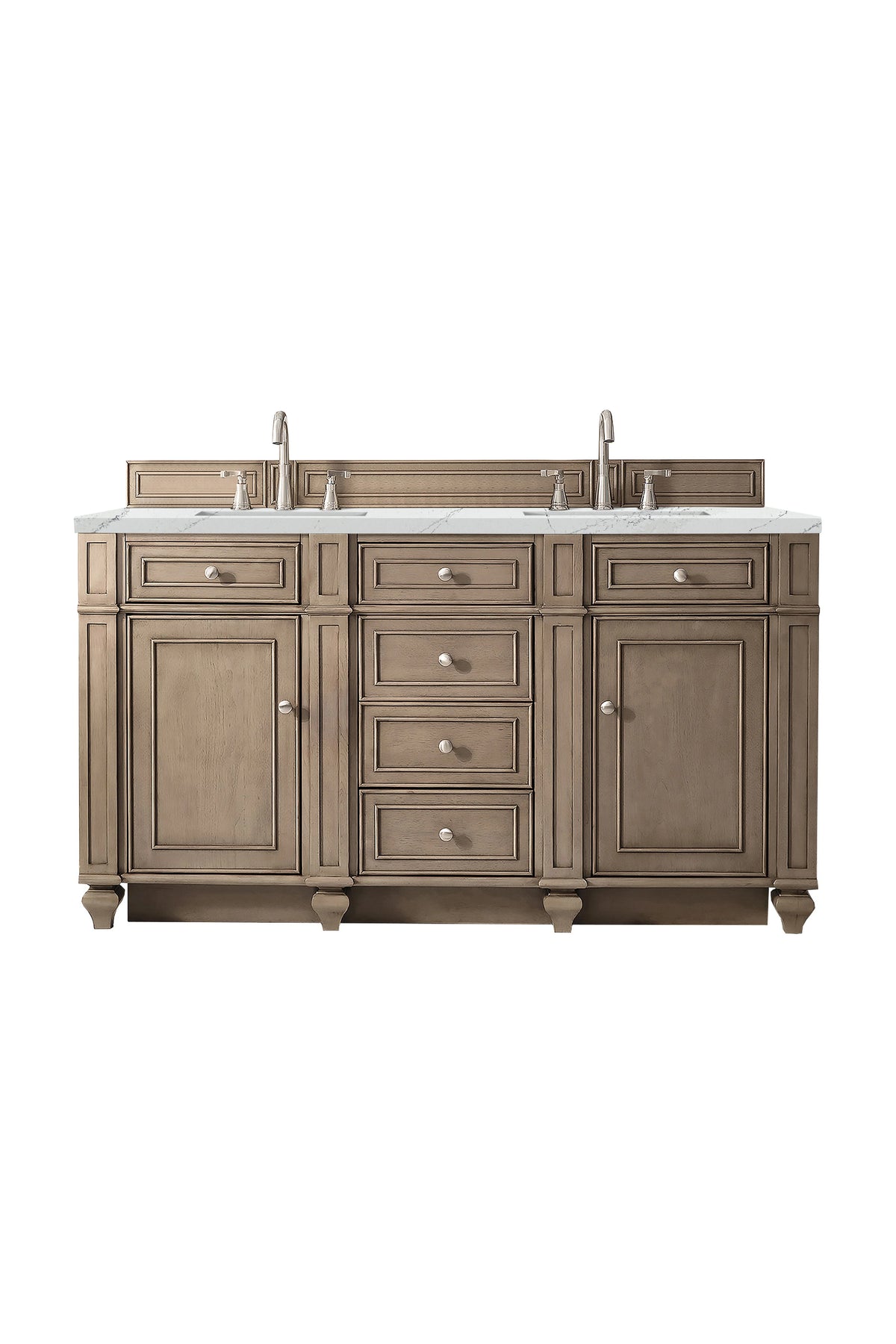 Bristol 60" Double Vanity, Whitewashed Walnut w/ 3 CM Ethereal Noctis Silestone Top w/FreePower Wireless Charger