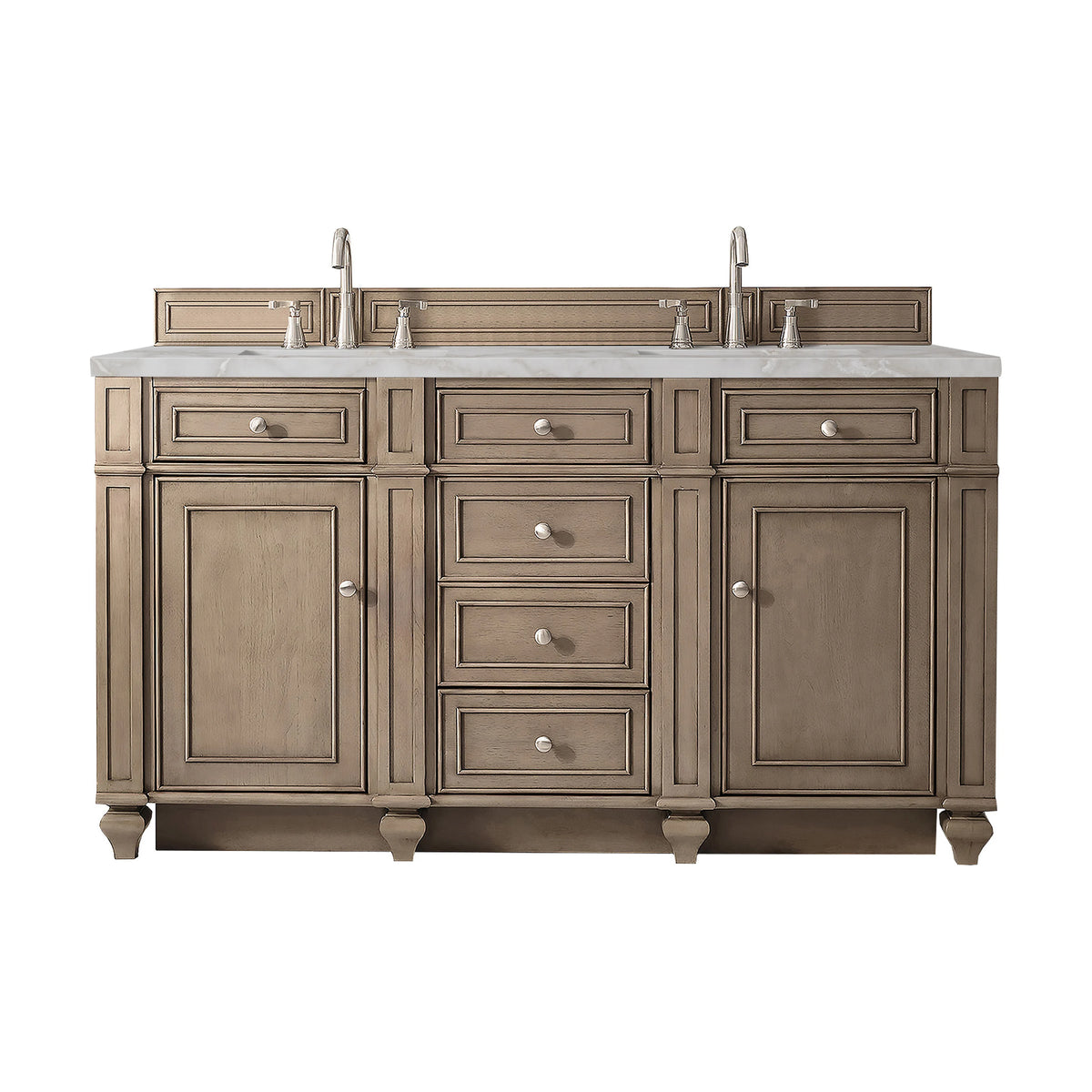 Bristol 60" Double Vanity, Whitewashed Walnut w/ 3 CM Victorian Silver Silestone Top w/FreePower Wireless Charger