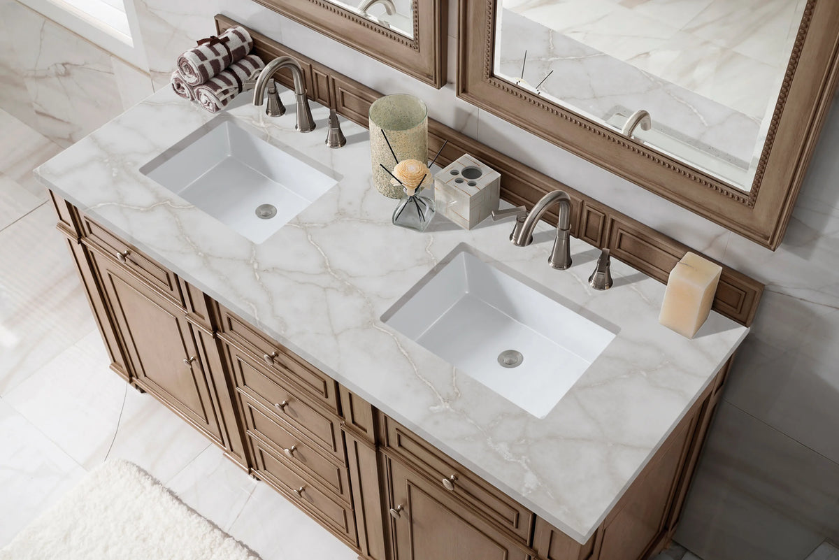 Bristol 60" Double Vanity, Whitewashed Walnut w/ 3 CM Victorian Silver Silestone Top w/FreePower Wireless Charg, view 6