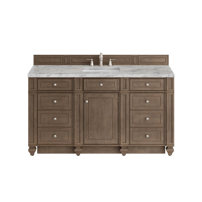 Bristol 60" Single Vanity, Whitewashed Walnut w/ 3 CM Carrara Marble Top