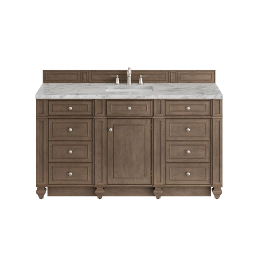 Bristol 60" Single Vanity, Whitewashed Walnut w/ 3 CM Carrara Marble Top