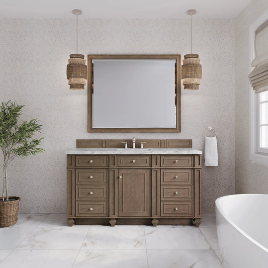 Bristol 60" Single Vanity, Whitewashed Walnut w/ 3 CM Carrara Marble Top, view 2