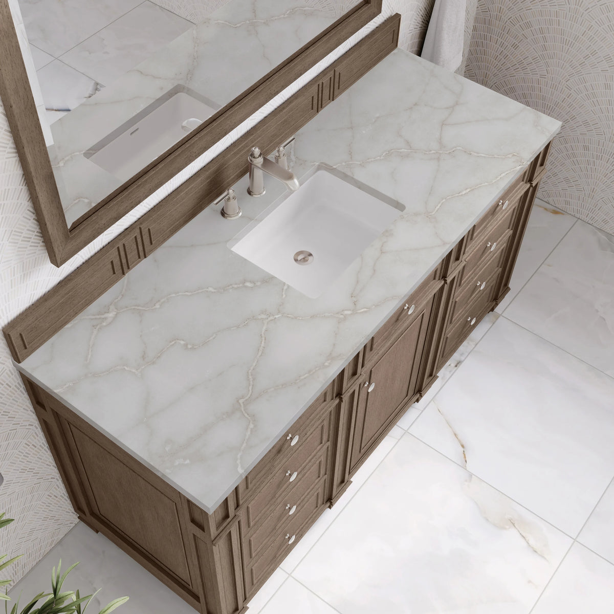 Bristol 60" Single Vanity, Whitewashed Walnut w/ 3 CM Victorian Silver Silestone Top, view 5