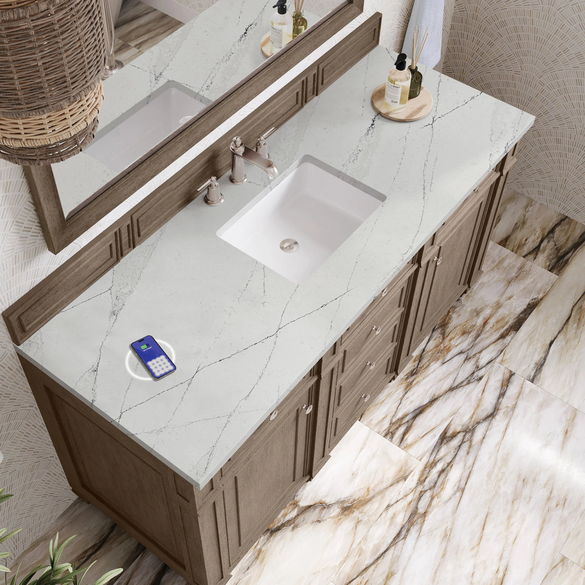 Bristol 60" Single Vanity, Whitewashed Walnut w/ 3 CM Ethereal Noctis Silestone Top w/FreePower Wireless Charger, view 8