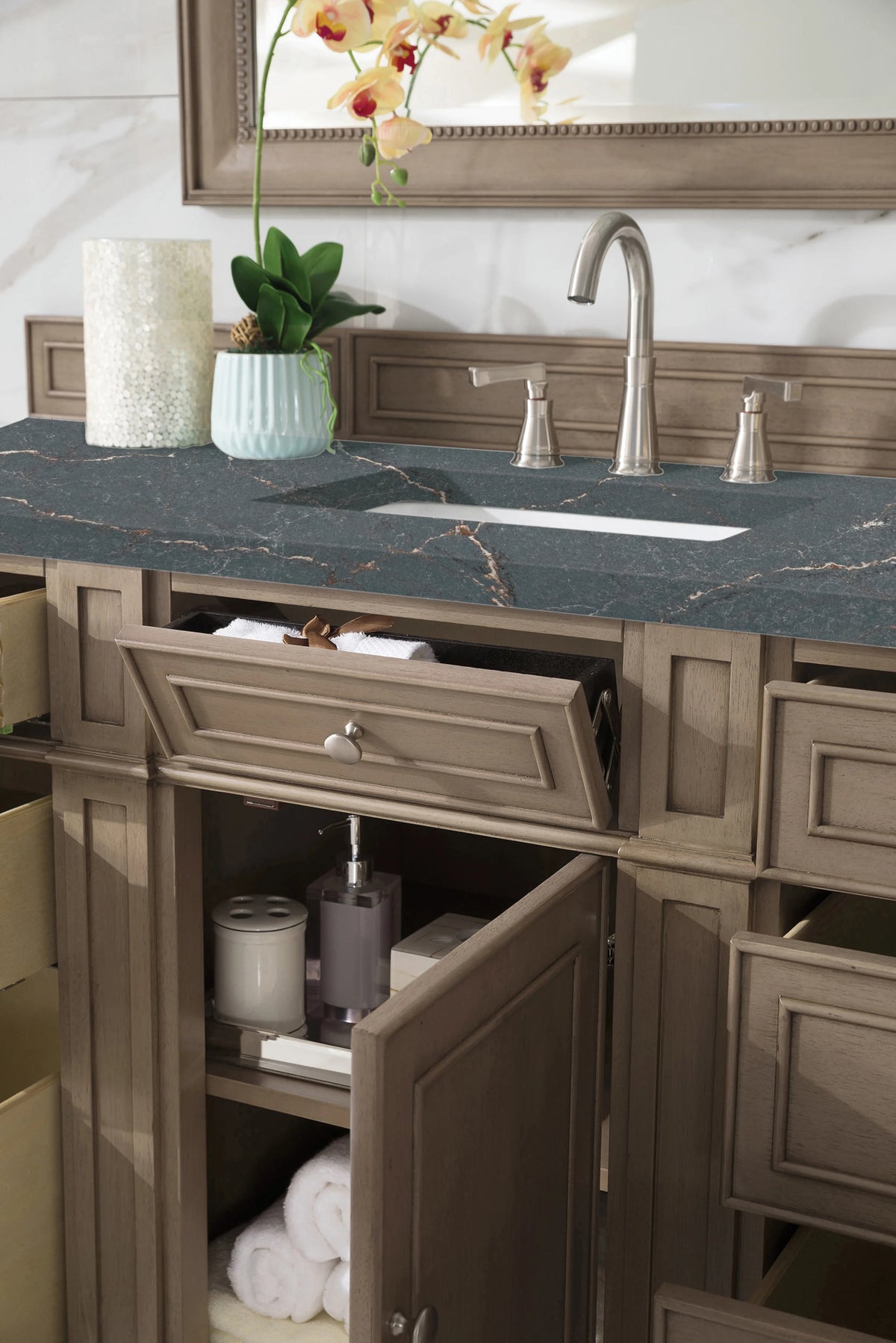 Bristol 60" Single Vanity, Whitewashed Walnut w/ 3 CM Parisien Bleu Silestone Top w/FreePower Wireless Charger, view 6