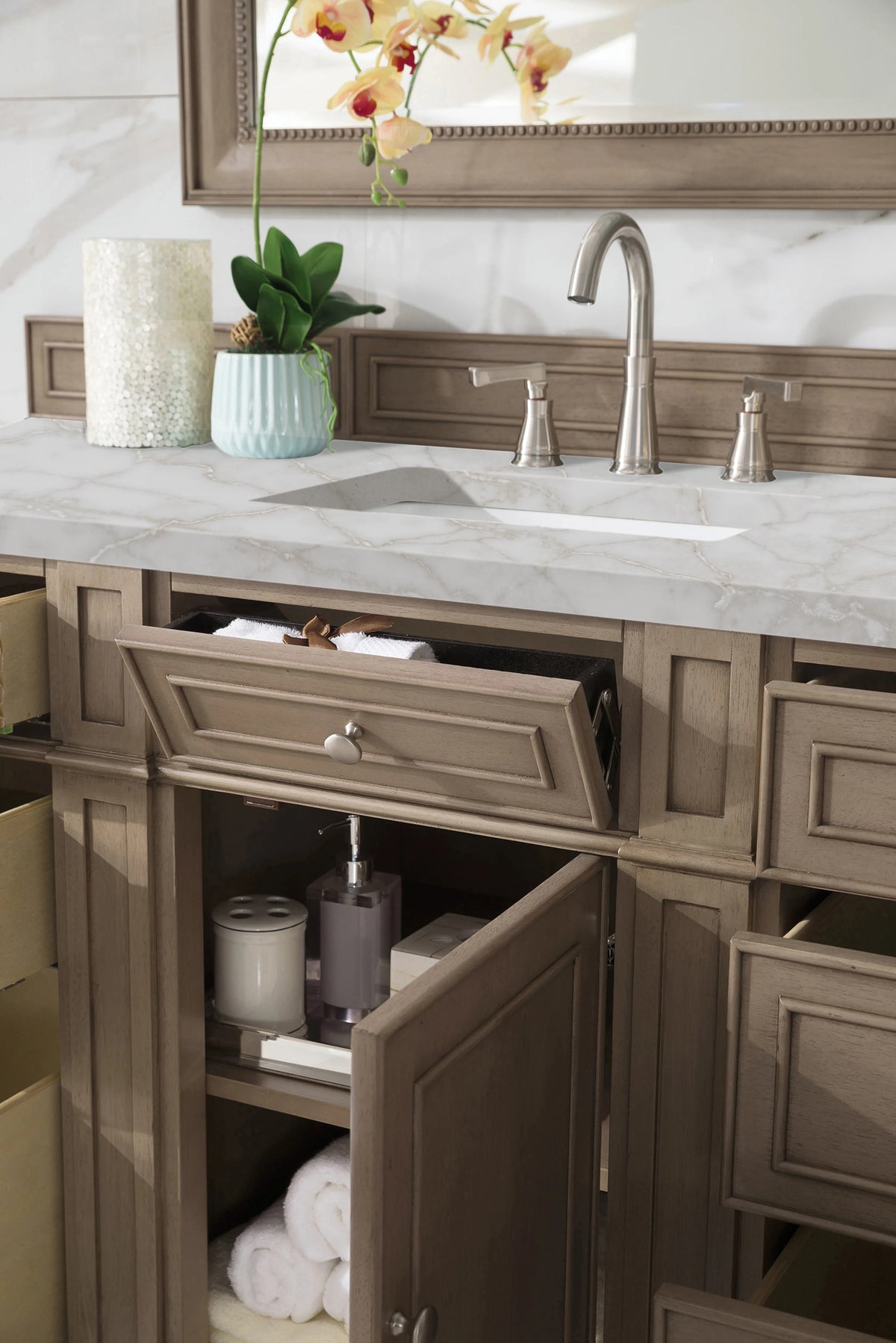 Bristol 60" Single Vanity, Whitewashed Walnut w/ 3 CM Victorian Silver Silestone Top w/FreePower Wireless Charg, view 6
