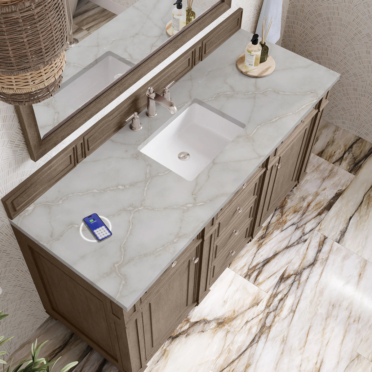 Bristol 60" Single Vanity, Whitewashed Walnut w/ 3 CM Victorian Silver Silestone Top w/FreePower Wireless Charg, view 7