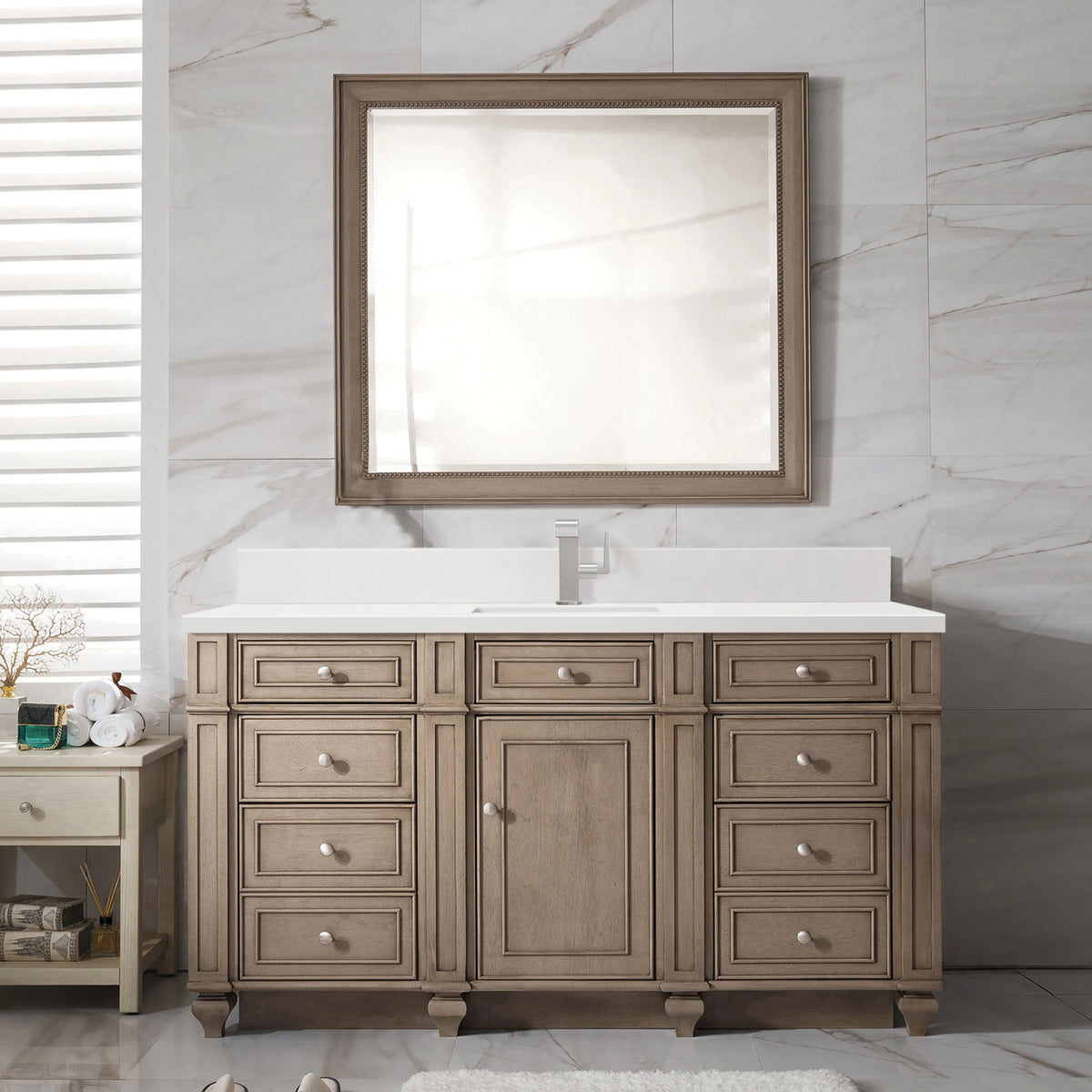 Bristol 60" Single Vanity, Whitewashed Walnut w/ Single Hole 3 CM White Zeus Silestone Top & Backsplash, view 2