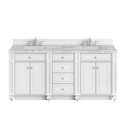 Bristol 72" Double Vanity, Bright White w/ 3 CM Carrara Marble Top
