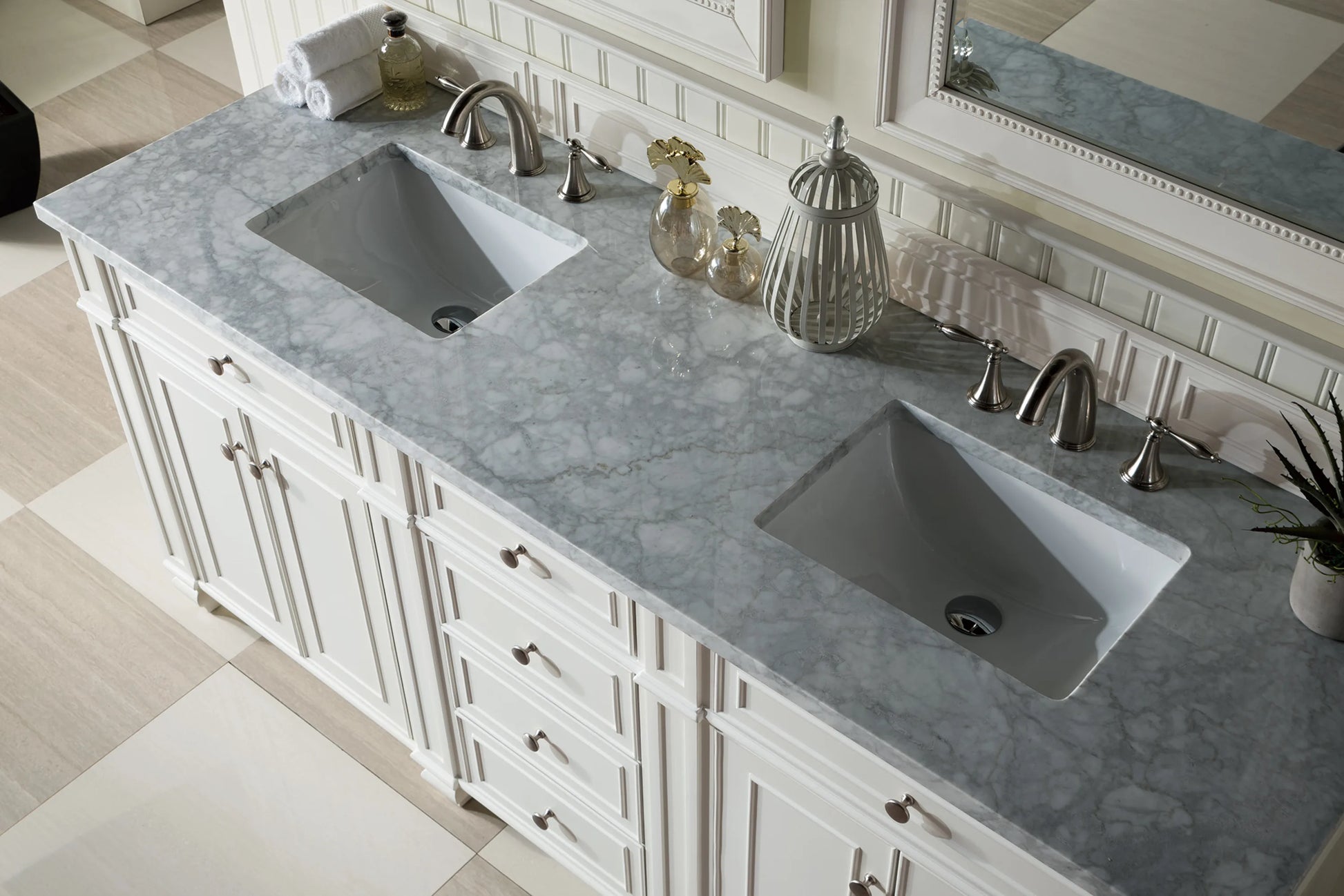 Bristol 72" Double Vanity, Bright White w/ 3 CM Carrara Marble Top, view 5