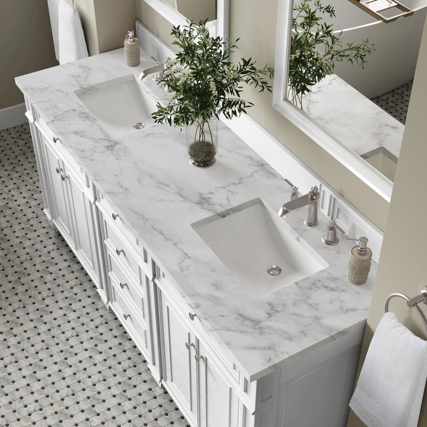 Bristol 72" Double Vanity, Bright White w/ 3 CM Carrara Marble Top, view 7