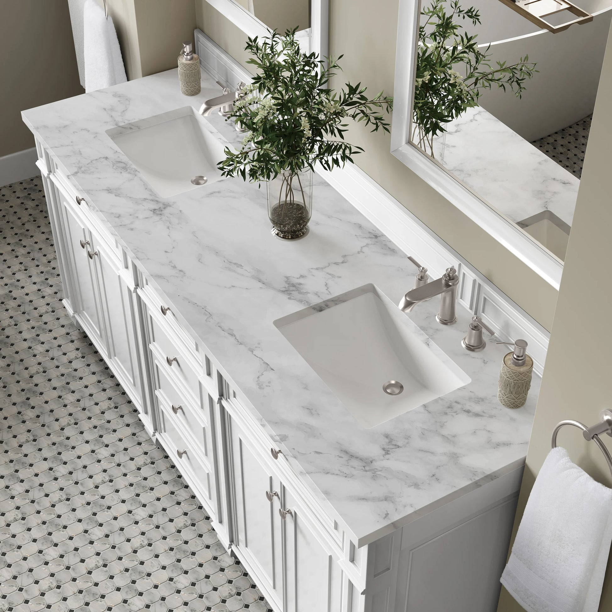 Bristol 72" Double Vanity, Bright White w/ 3 CM Carrara Marble Top, view 7