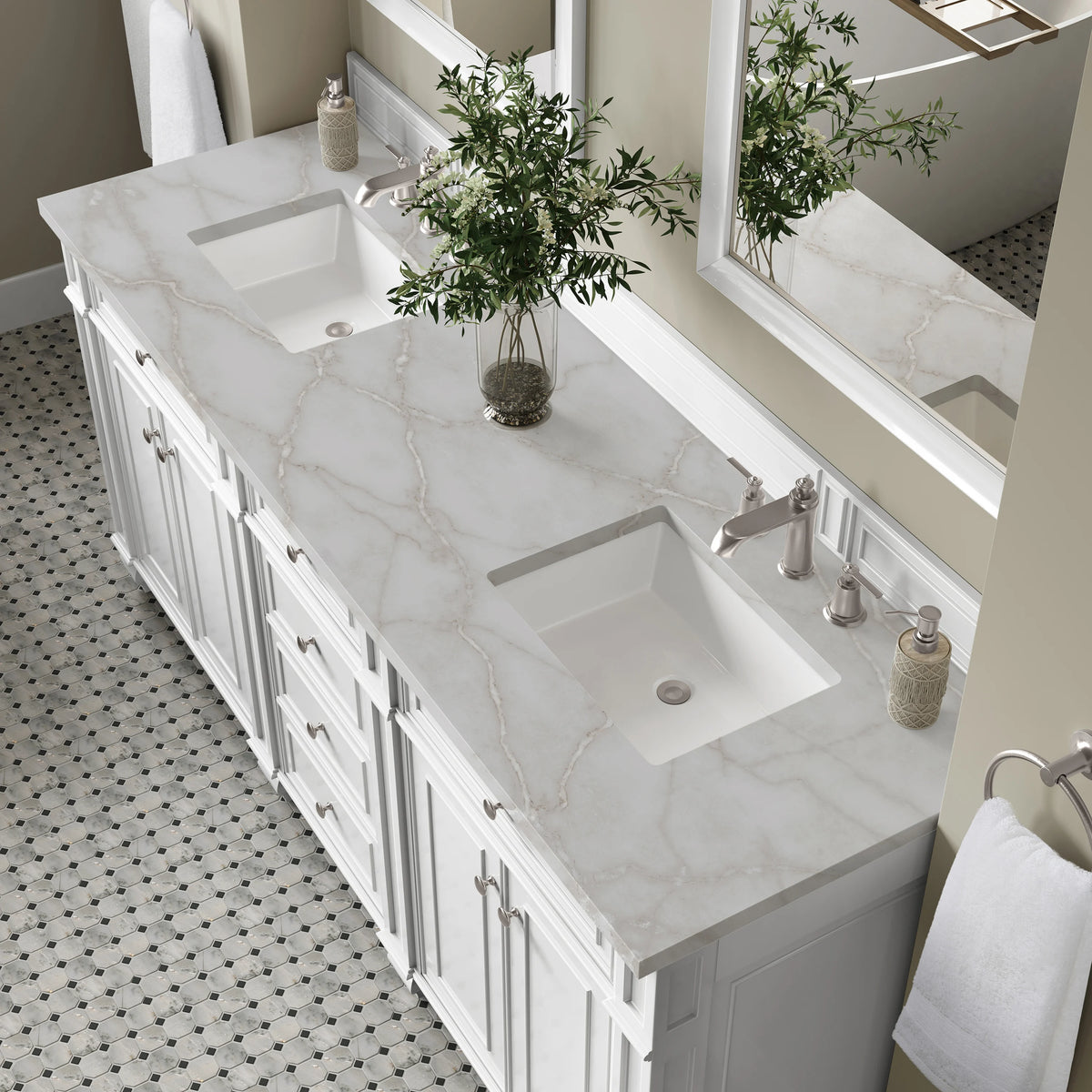 Bristol 72" Double Vanity, Bright White w/ 3 CM Victorian Silver Silestone Top, view 5