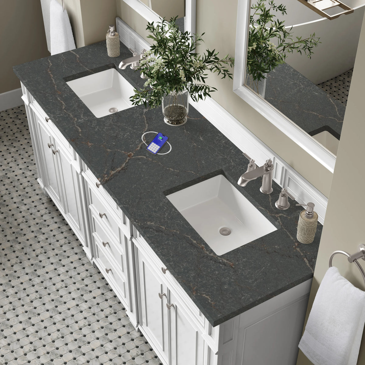 Bristol 72" Double Vanity, Bright White w/ 3 CM Parisien Bleu Silestone Top w/FreePower Wireless Charger, view 9
