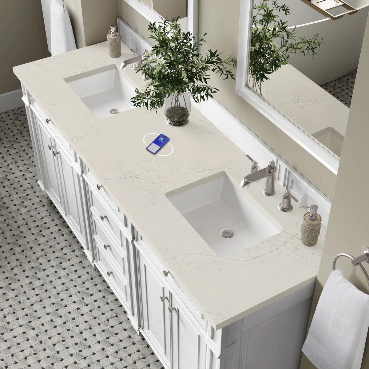 Bristol 72" Double Vanity, Bright White, w/ 3 CM Siberian Silestone Top w/FreePower Wireless Charger, view 8